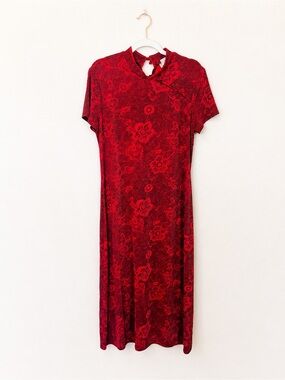 Vintage 90s Red Floral Mandarin Collar Dark Academia Grunge Goth Cheongsam Dress